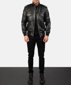 Men's Agent Shadow Black Leather Bomber Jacket