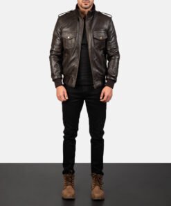 Men's Agent Shadow Brown Leather Bomber Jacket