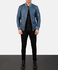 Men's Bomia Blue Leather Bomber Jacket