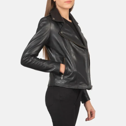 Women's Flashback Black Leather Biker Jacket - Image 5