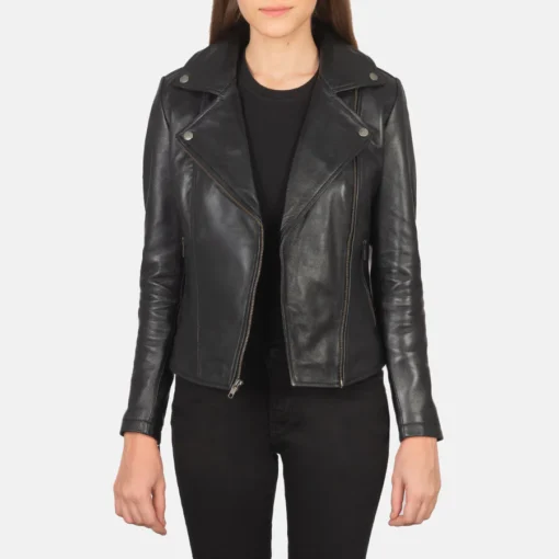 Women's Flashback Black Leather Biker Jacket - Image 2