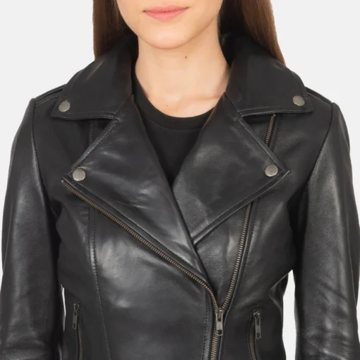 Women's Flashback Black Leather Biker Jacket - Image 4
